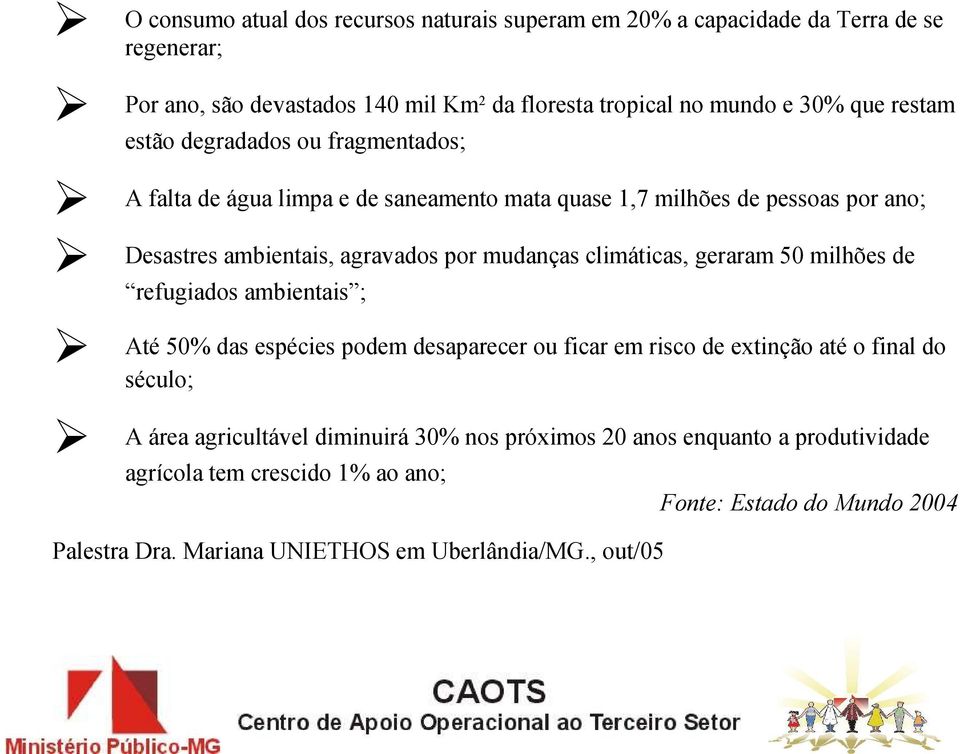 climáticas, geraram 50 milhões de refugiados ambientais ; Até 50% das espécies podem desaparecer ou ficar em risco de extinção até o final do século; A área agricultável