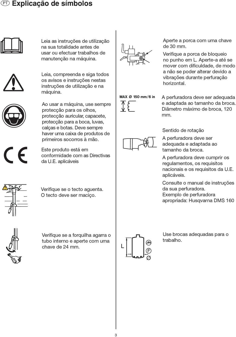 Ao usar a máquina, use sempre protecção para os olhos, protecção auricular, capacete, protecção para a boca, luvas, calças e botas. Deve sempre haver uma caixa de produtos de primeiros socorros à mão.