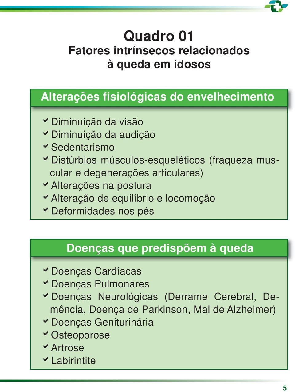 postura Alteração de equilíbrio e locomoção Deformidades nos pés Doenças que predispõem à queda Doenças Cardíacas Doenças Pulmonares