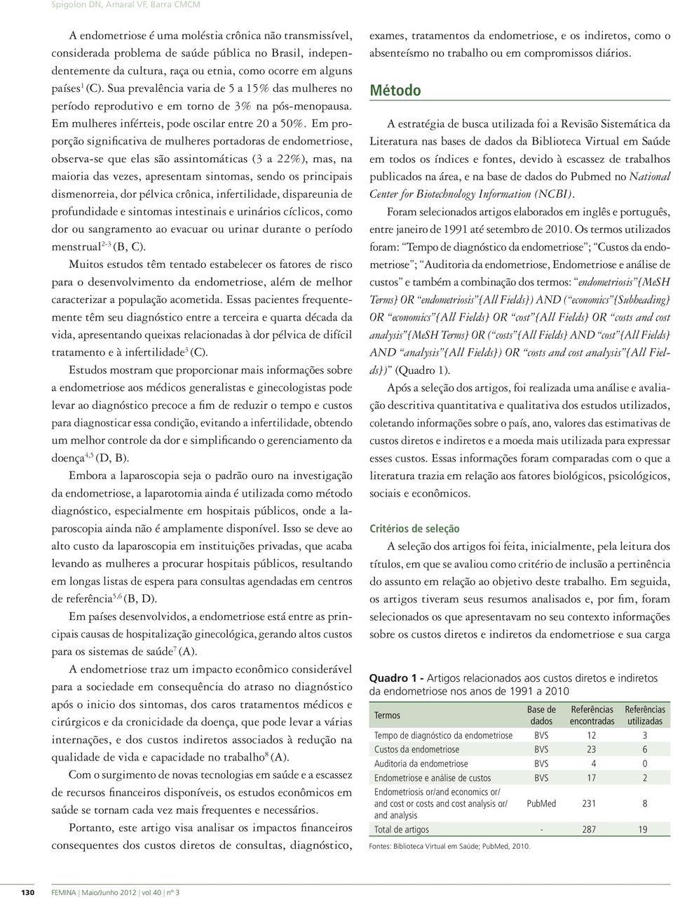 Em proporção significativa de mulheres portadoras de endometriose, observa-se que elas são assintomáticas (3 a 22%), mas, na maioria das vezes, apresentam sintomas, sendo os principais dismenorreia,