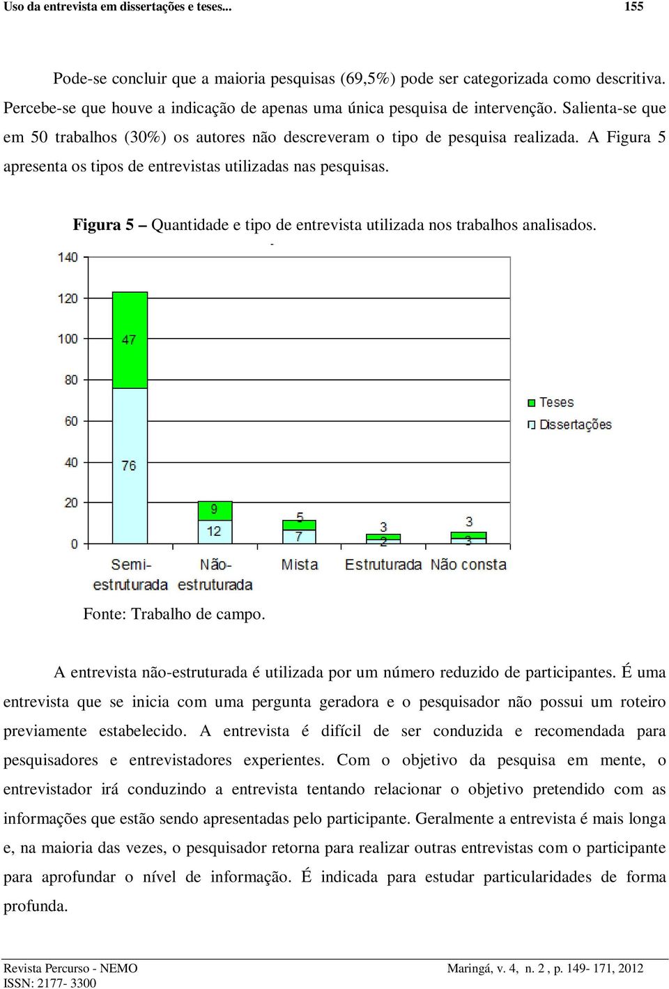 A Figura 5 apresenta os tipos de entrevistas utilizadas nas pesquisas. Figura 5 Quantidade e tipo de entrevista utilizada nos trabalhos analisados. Fonte: Trabalho de campo.