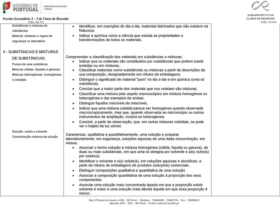 II - SUBSTÂNCIAS E MISTURAS DE SUBSTÂNCIAS: Pureza de uma substância Misturas sólidas, líquidas e gasosas Misturas heterogéneas, homogéneas e coloidais Solução, soluto e solvente Concentração mássica