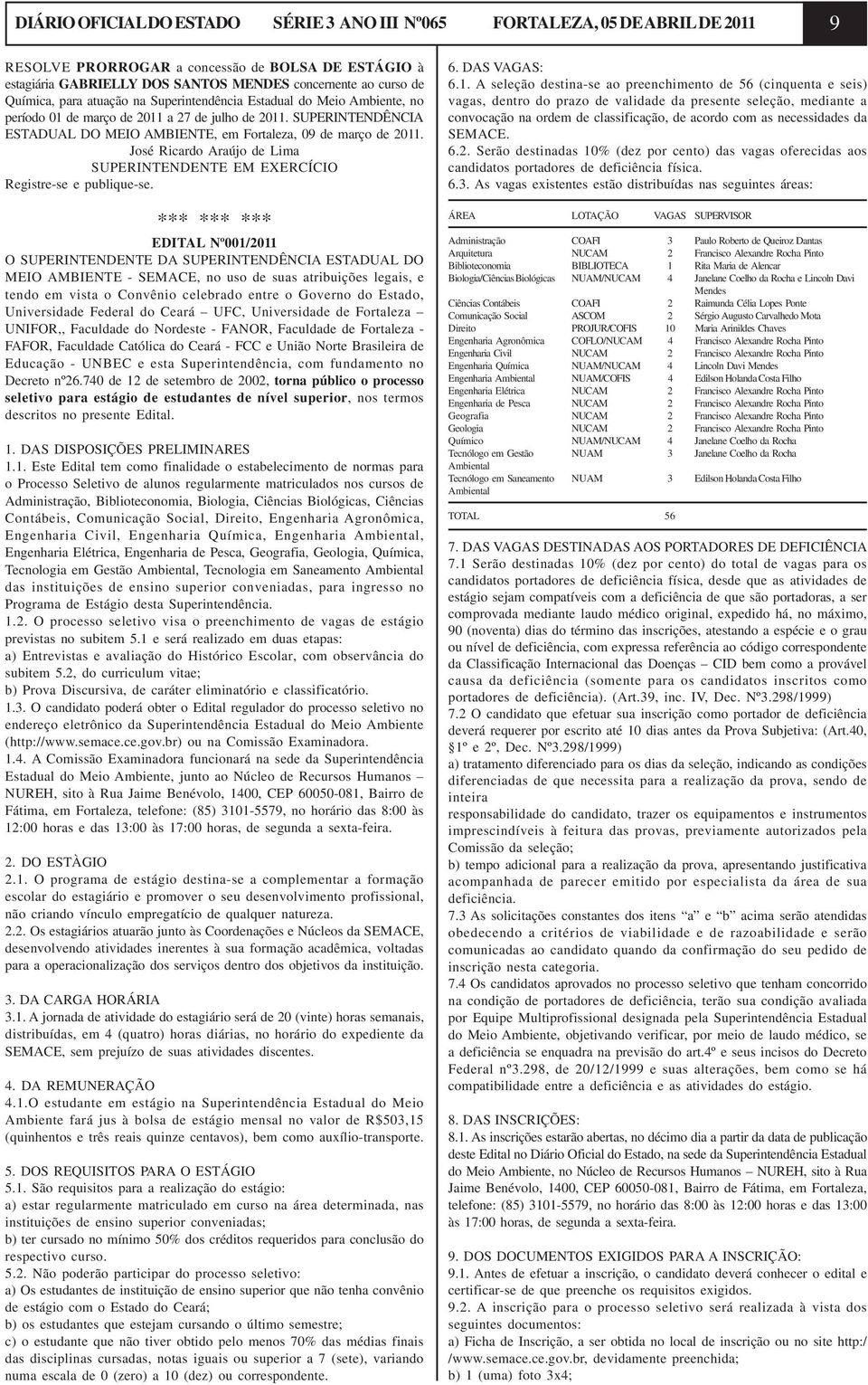 SUPERINTENDÊNCIA ESTADUAL DO MEIO AMBIENTE, em Fortaleza, 09 de março de 2011.