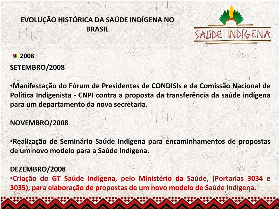 NOVEMBRO/2008 Realização de Seminário Saúde Indígena para encaminhamentos de propostas de um novo modelo para a Saúde Indígena.