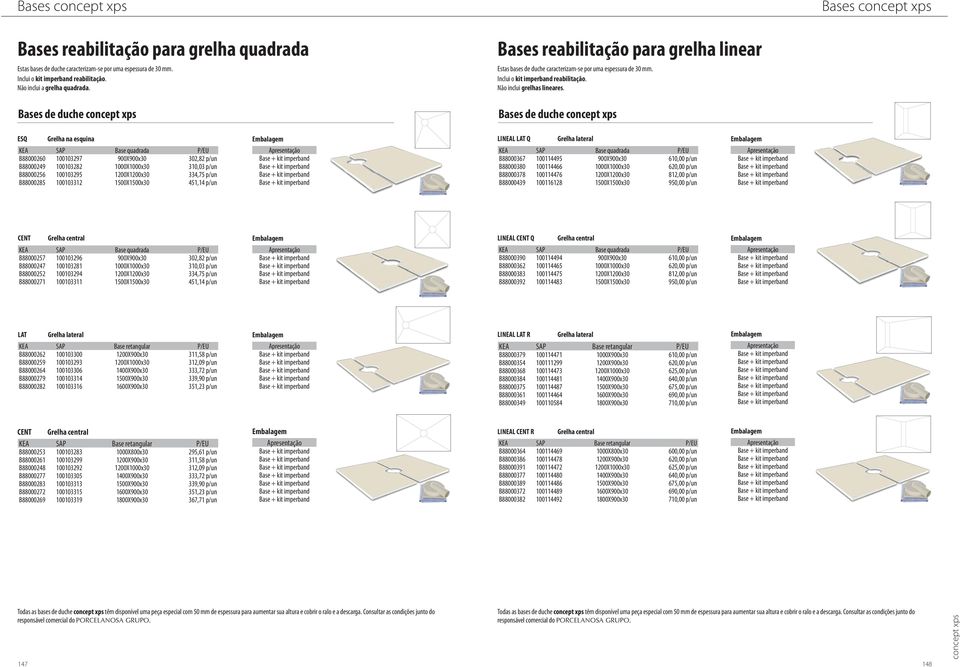 Bases de duche ESQ Grelha na esquina B88000260 100103297 900X900x30 302,82 p/un B88000249 100103282 1000X1000x30 310,03 p/un B88000256 100103295 1200X1200x30 334,75 p/un B88000285 100103312