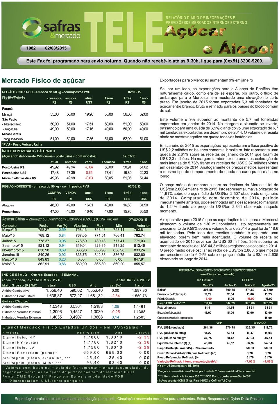 Veículo Usina ÍNDICE CEPEA/ESALQ - SÃO PAULO (Açúcar Cristal comaté 150 Icumsa - posto usina - comimpostos) atual anterior Var % 1semana 1mês 1ano Posto Usina R$ 49,92 49,94-0,04 50,00 50,91 51,62