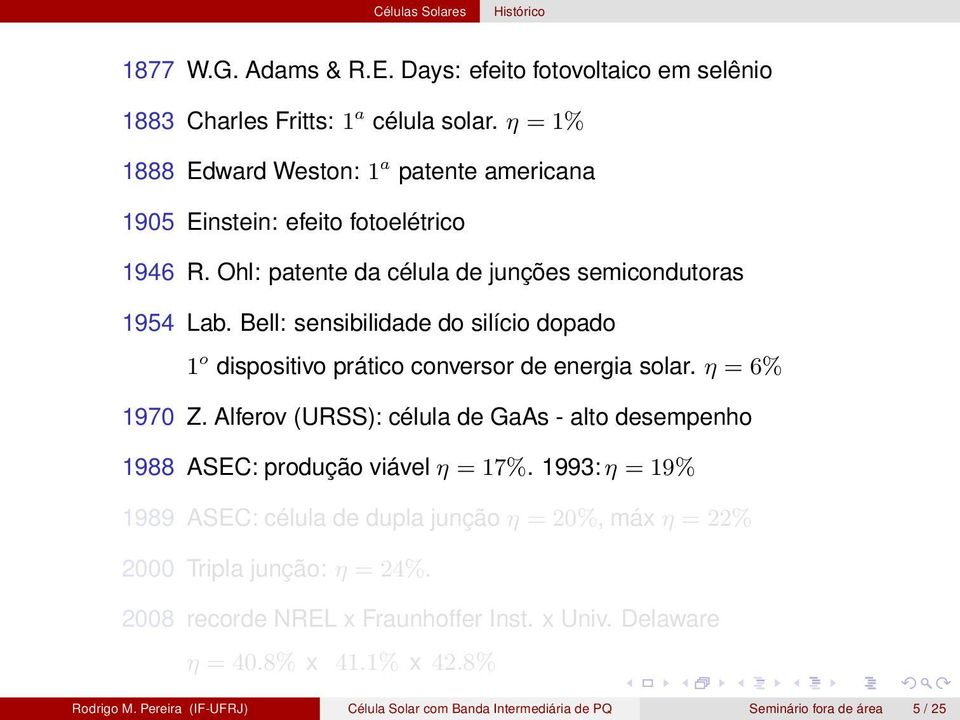 Bell: sensibilidade do silício dopado 1 o dispositivo prático conversor de energia solar. η = 6% 1970 Z.