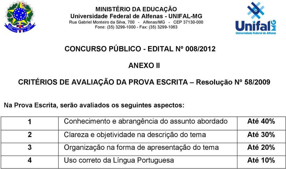 58/2009 Na Prova Escrita, serão avaliados os seguintes aspectos: 1 Conhecimento e abrangência do assunto abordado Até 40% 2 Clareza e