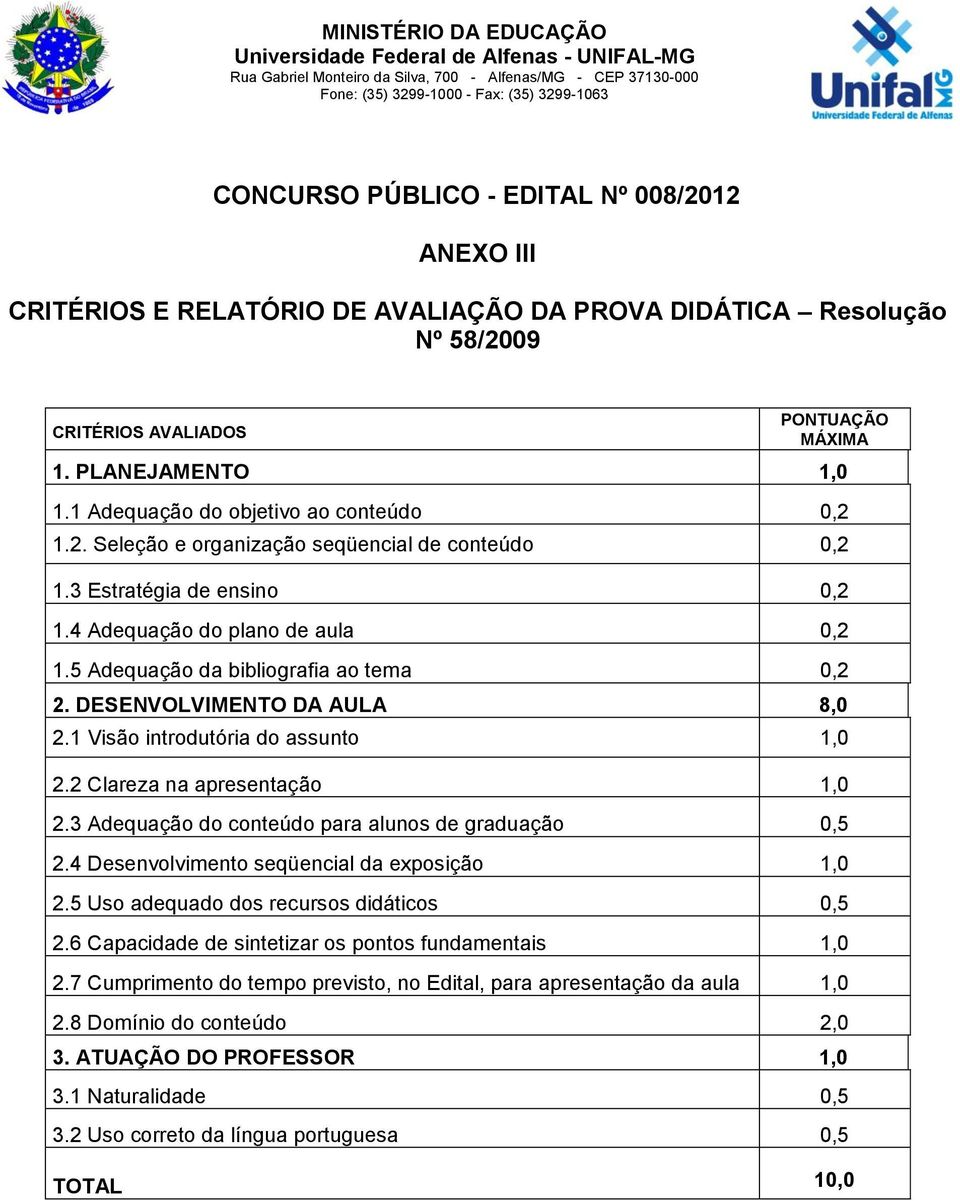 3 Estratégia de ensino 0,2 1.4 Adequação do plano de aula 0,2 1.5 Adequação da bibliografia ao tema 0,2 2. DESENVOLVIMENTO DA AULA 8,0 2.1 Visão introdutória do assunto 1,0 2.