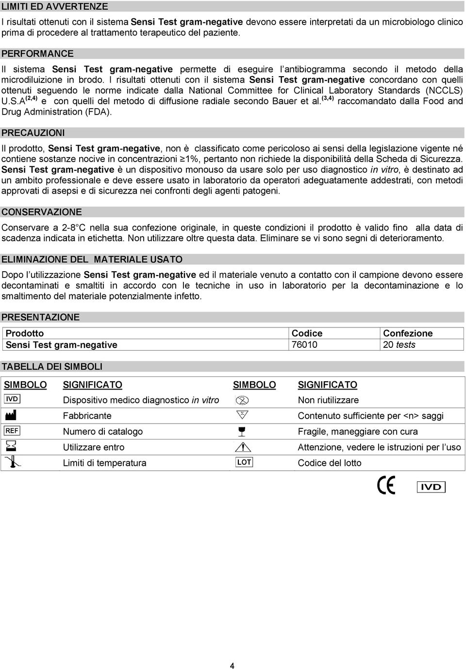 I risultati ottenuti con il sistema Sensi Test gram-negative concordano con quelli ottenuti seguendo le norme indicate dalla National Committee for Clinical Laboratory Standards (NCCLS) U.S.A (2,4) e con quelli del metodo di diffusione radiale secondo Bauer et al.