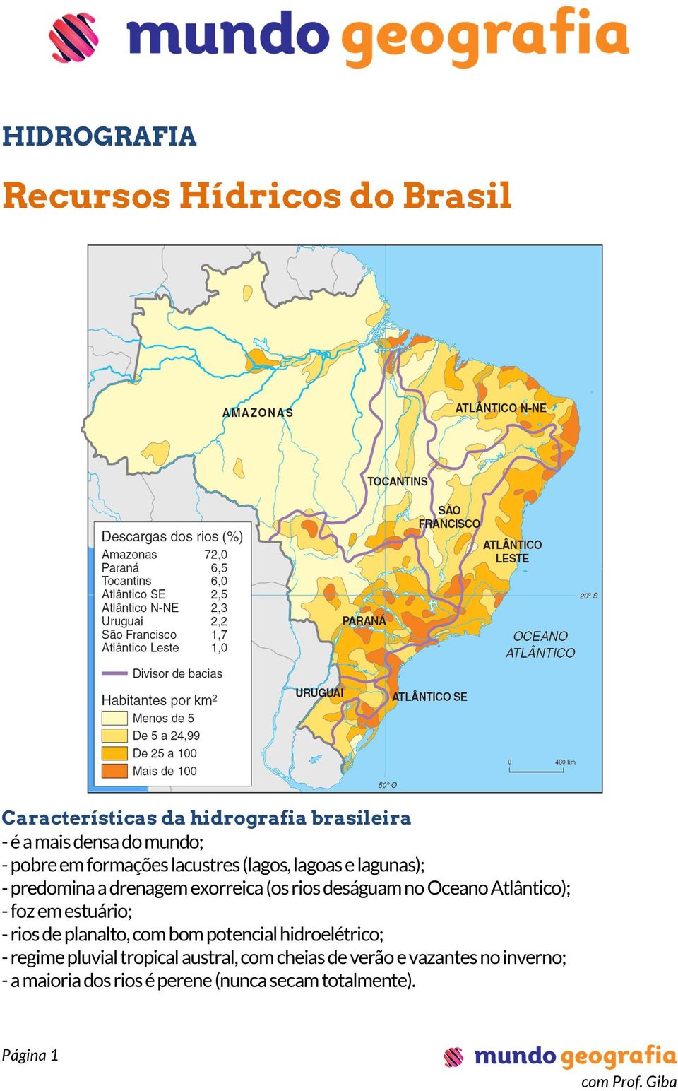 Oceano Atlântico); - foz em estuário; - rios de planalto, com bom potencial hidroelétrico; - regime pluvial