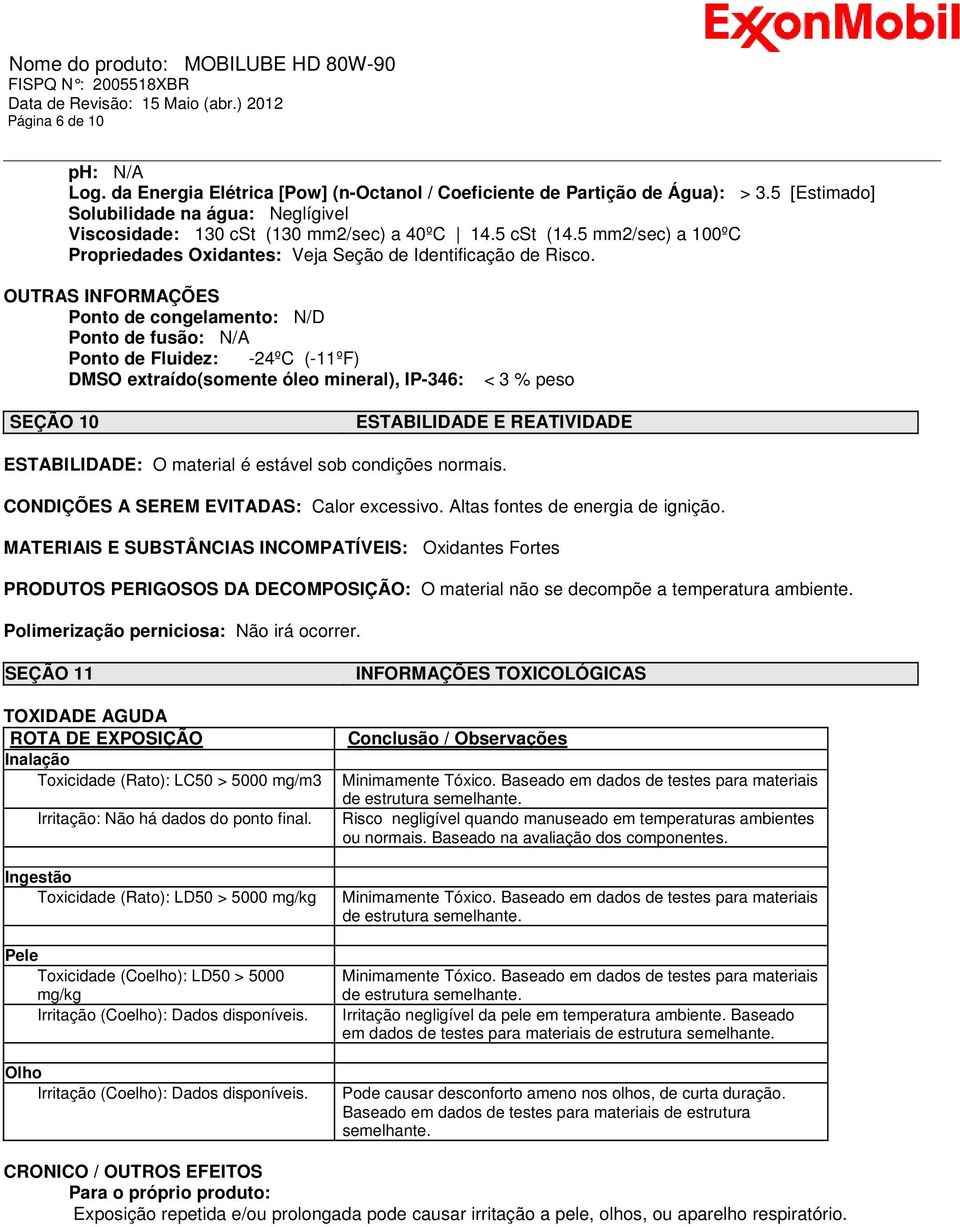 OUTRAS INFORMAÇÕES Ponto de congelamento: N/D Ponto de fusão: N/A Ponto de Fluidez: -24ºC (-11ºF) DMSO extraído(somente óleo mineral), IP-346: < 3 % peso SEÇÃO 10 ESTABILIDADE E REATIVIDADE