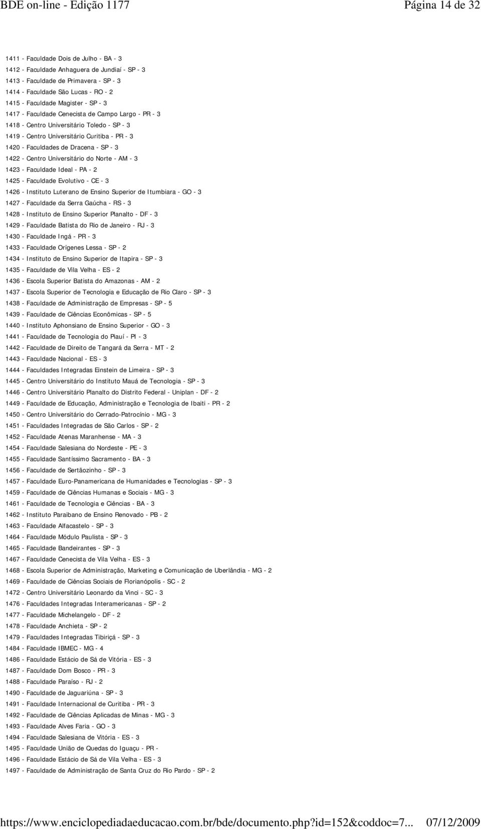 1422 - Centro Universitário do Norte - AM - 3 1423 - Faculdade Ideal - PA - 2 1425 - Faculdade Evolutivo - CE - 3 1426 - Instituto Luterano de Ensino Superior de Itumbiara - GO - 3 1427 - Faculdade