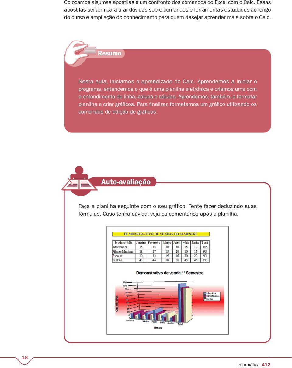 Nesta aula, iniciamos o aprendizado do Calc. Aprendemos a iniciar o programa, entendemos o que é uma planilha eletrônica e criamos uma com o entendimento de linha, coluna e células.