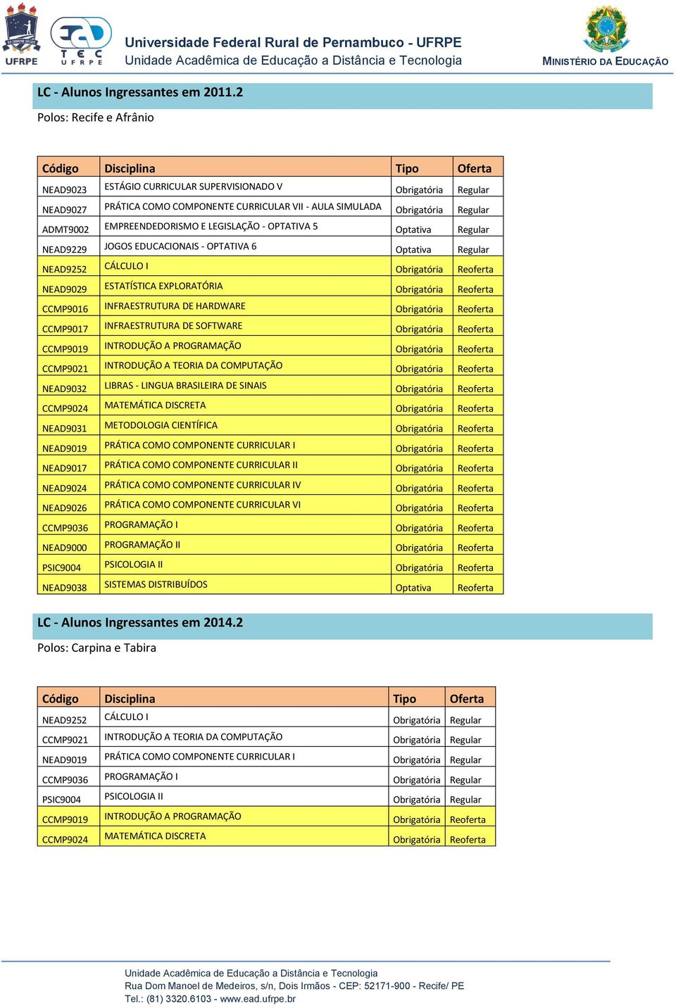 EMPREENDEDORISMO E LEGISLAÇÃO - OPTATIVA 5 Optativa Regular NEAD9229 JOGOS EDUCACIONAIS - OPTATIVA 6 Optativa Regular NEAD9252 CÁLCULO I Obrigatória Reoferta NEAD9029 ESTATÍSTICA EXPLORATÓRIA