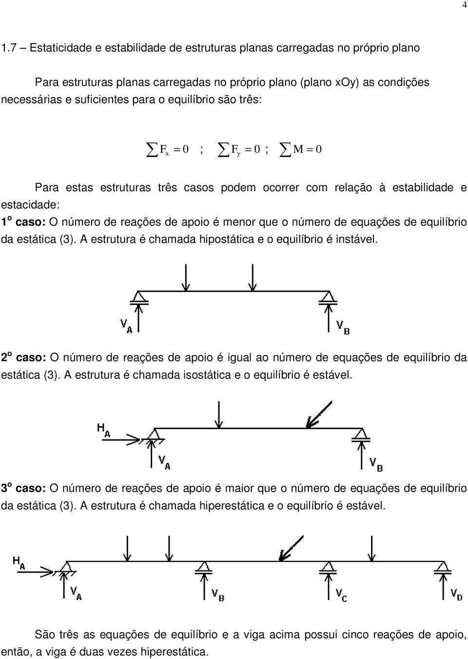 da estática (). A estrutura é chamada hipostática e o equilíbrio é instável. o caso: O número de reações de apoio é igual ao número de equações de equilíbrio da estática ().