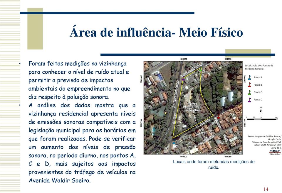 A análise dos dados mostra que a vizinhança residencial apresenta níveis de emissões sonoras compatíveis com a legislação municipal para os horários em