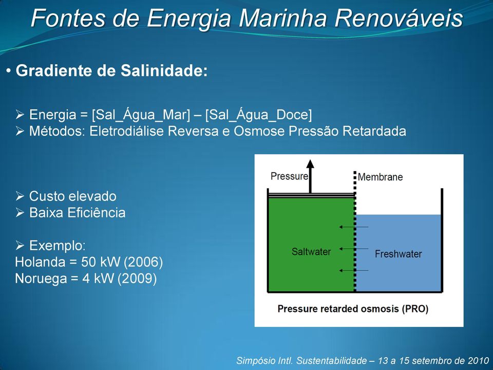 Osmose Pressão Retardada Custo elevado Baixa