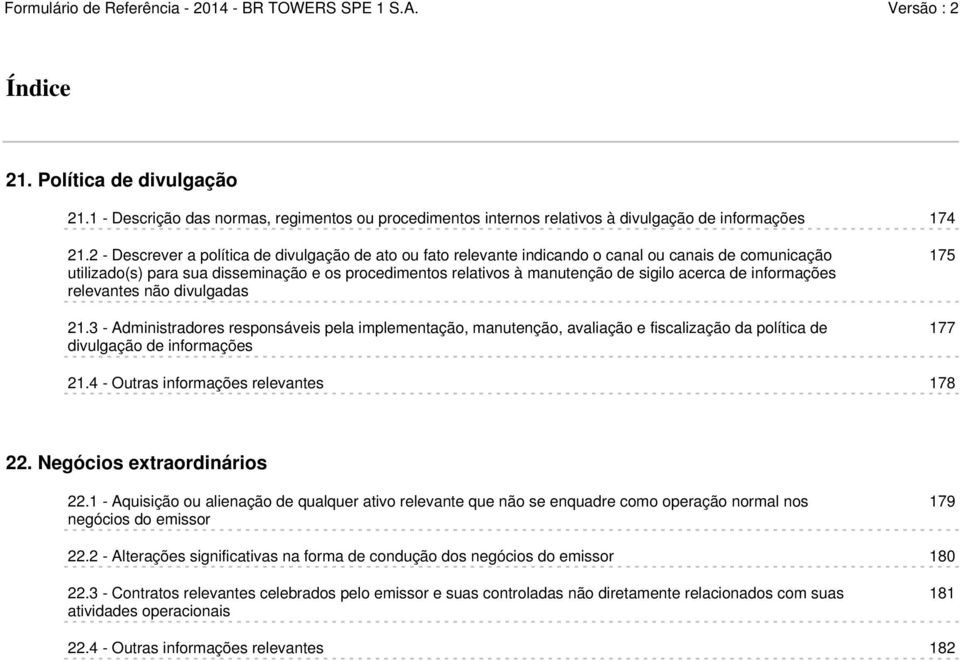 acerca de informações relevantes não divulgadas 21.3 - Administradores responsáveis pela implementação, manutenção, avaliação e fiscalização da política de divulgação de informações 175 177 21.