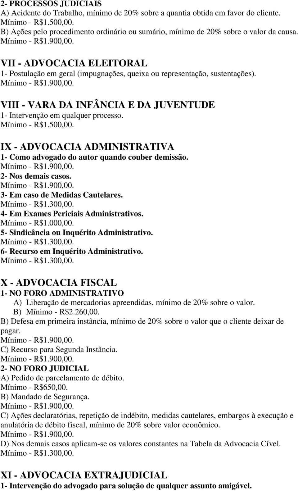 VIII - VARA DA INFÂNCIA E DA JUVENTUDE 1- Intervenção em qualquer processo. Mínimo - R$1.500,00. IX - ADVOCACIA ADMINISTRATIVA 1- Como advogado do autor quando couber demissão. 2- Nos demais casos.