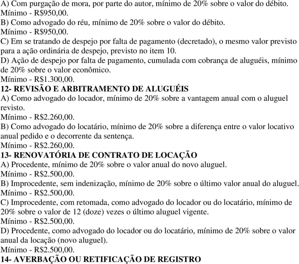 C) Em se tratando de despejo por falta de pagamento (decretado), o mesmo valor previsto para a ação ordinária de despejo, previsto no item 10.