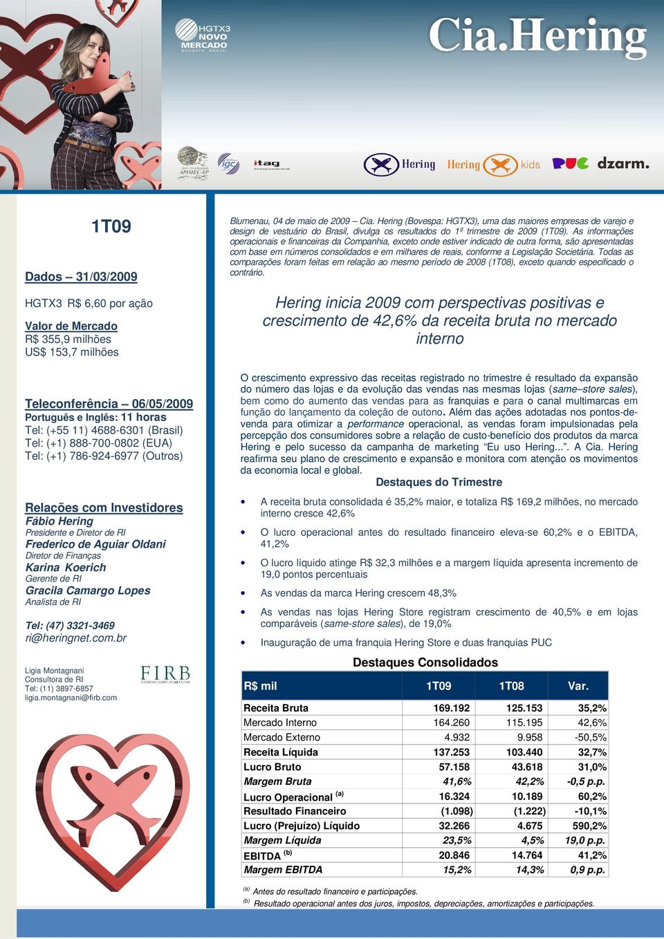 Gracila Camargo Lopes Analista de RI Tel: (47) 3321-3469 ri@heringnet.com.br Ligia Montagnani Consultora de RI Tel: (11) 3897-6857 ligia.montagnani@firb.com Blumenau, 04 de maio de 2009 Cia.