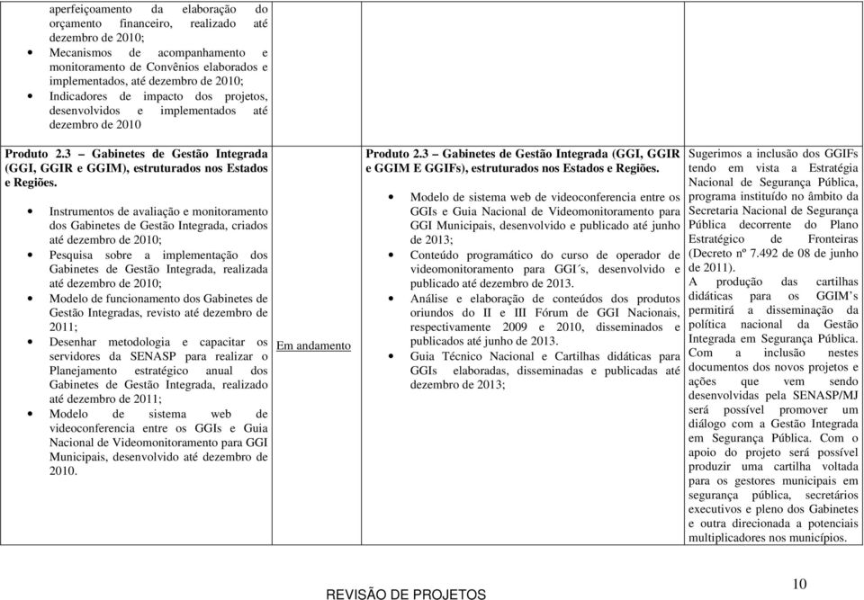 Instrumentos de avaliação e monitoramento dos Gabinetes de Gestão Integrada, criados até dezembro de 2010; Pesquisa sobre a implementação dos Gabinetes de Gestão Integrada, realizada até dezembro de