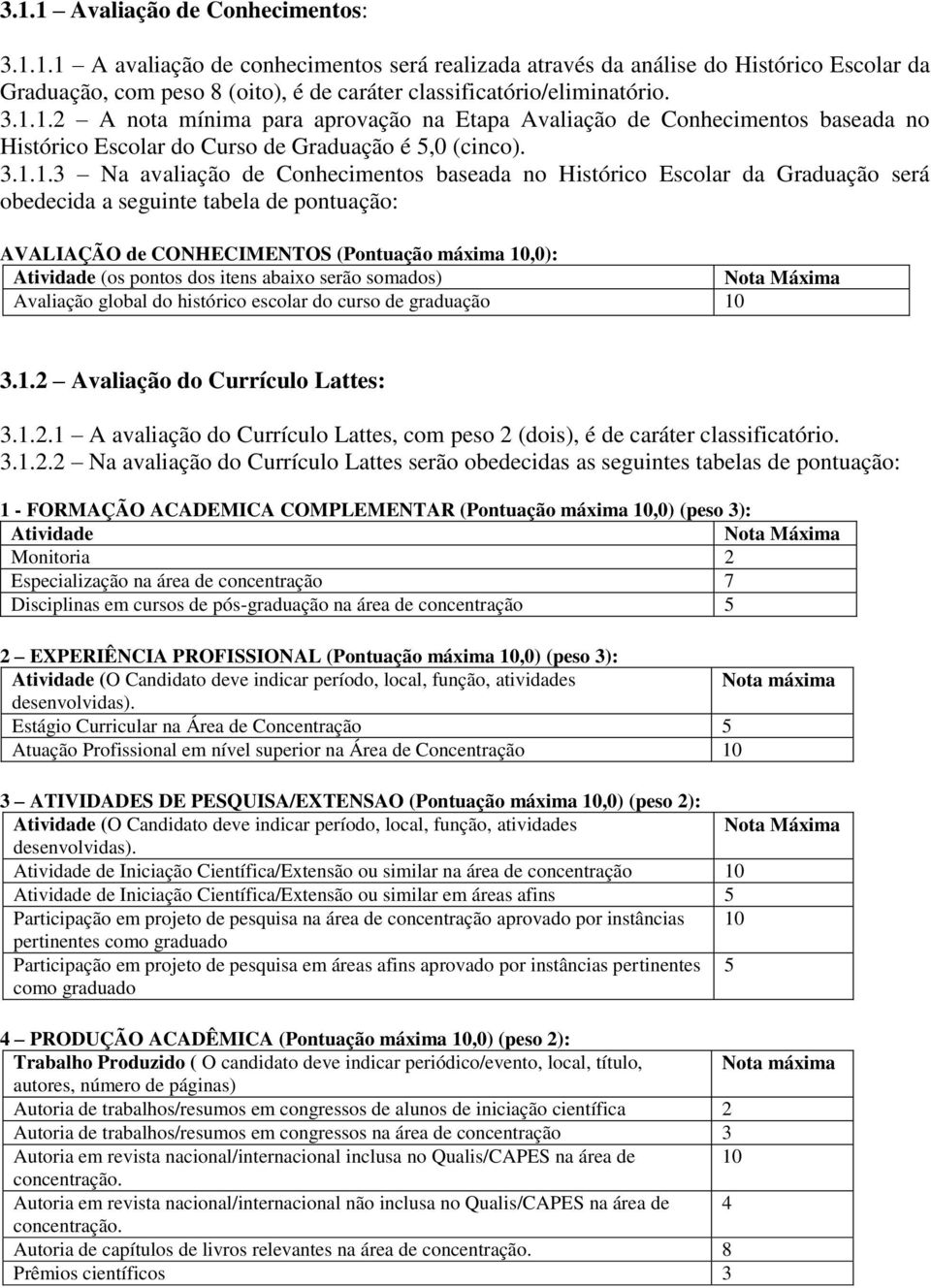 Escolar da Graduação será obedecida a seguinte tabela de pontuação: AVALIAÇÃO de CONHECIMENTOS (Pontuação máxima 10,0): Atividade (os pontos dos itens abaixo serão somados) Nota Máxima Avaliação