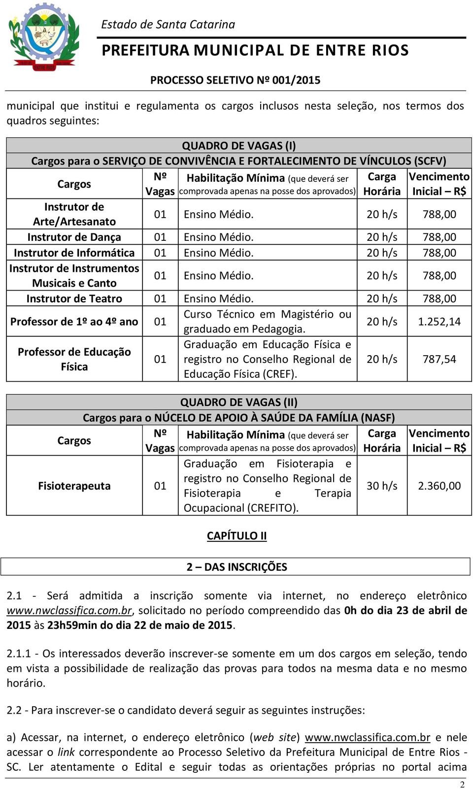 20 h/s 788,00 Instrutor de Dança 01 Ensino Médio. 20 h/s 788,00 Instrutor de Informática 01 Ensino Médio. 20 h/s 788,00 Instrutor de Instrumentos Musicais e Canto 01 Ensino Médio.