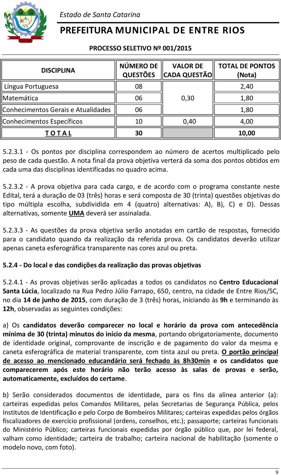 A nota final da prova objetiva verterá da soma dos pontos obtidos em cada uma das disciplinas identificadas no quadro acima. 5.2.3.