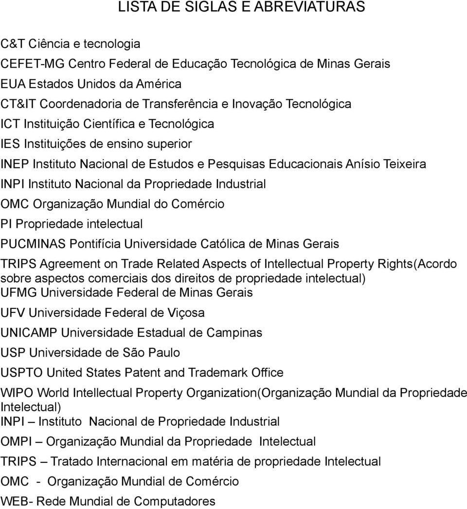 Propriedade Industrial OMC Organização Mundial do Comércio PI Propriedade intelectual PUCMINAS Pontifícia Universidade Católica de Minas Gerais TRIPS Agreement on Trade Related Aspects of