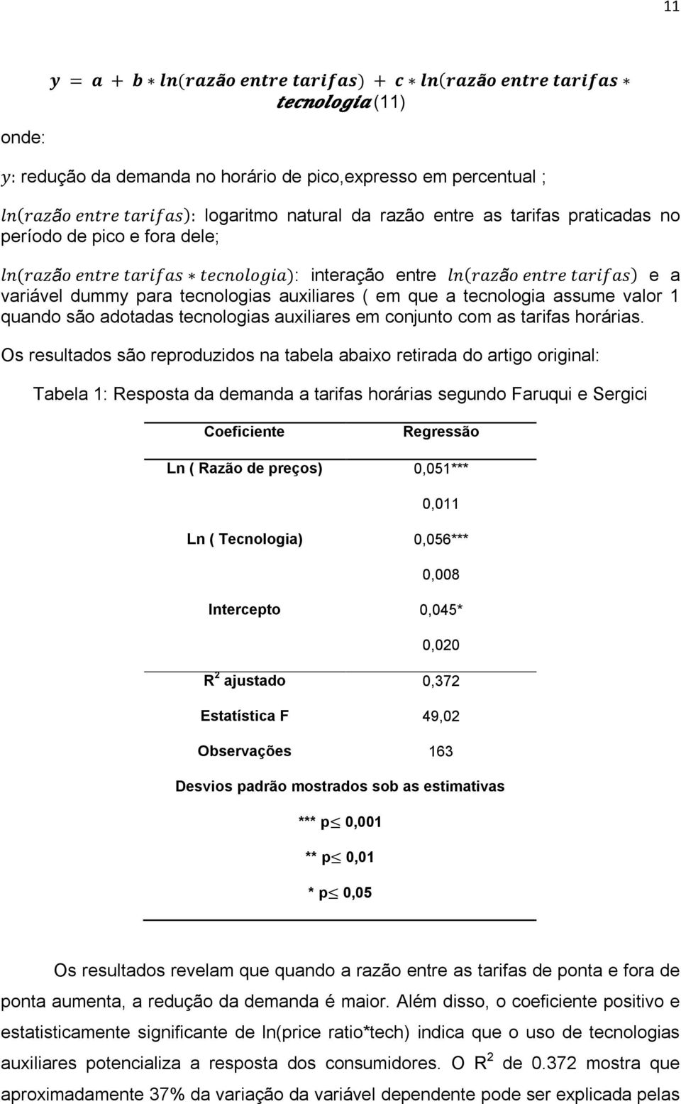 Os resultados são reproduzidos na tabela abaixo retirada do artigo original: Tabela 1: Resposta da demanda a tarifas horárias segundo Faruqui e Sergici Coeficiente Regressão Ln ( Razão de preços)