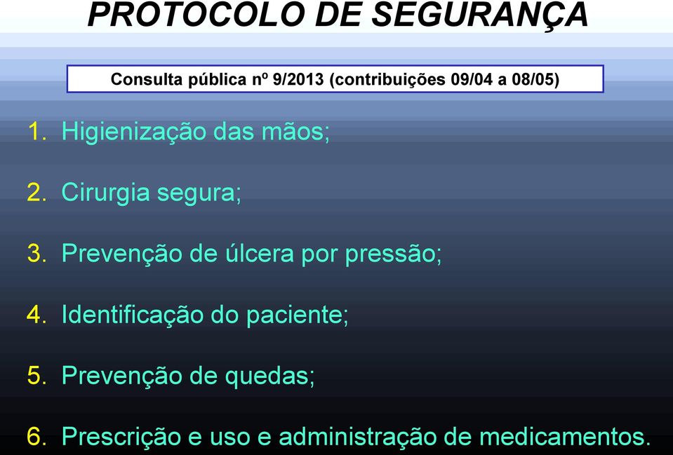 Prevenção de úlcera por pressão; 4. Identificação do paciente; 5.