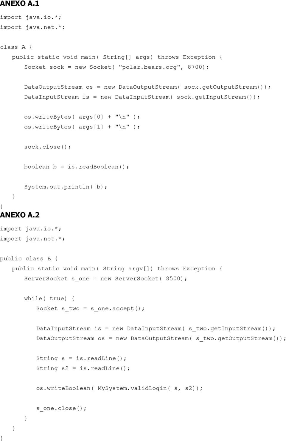 writebytes( args[1] + "\n" ); sock.close(); boolean b = is.readboolean(); ANEXO A.2 System.out.println( b); import java.io.*; import java.net.