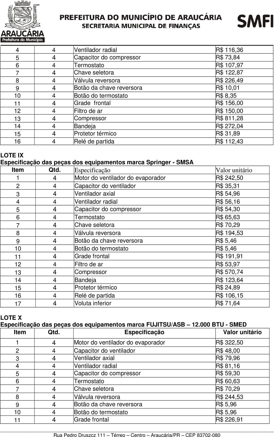 LOTE IX Especificação das peças dos equipamentos marca Springer - SMSA Item Qtd.