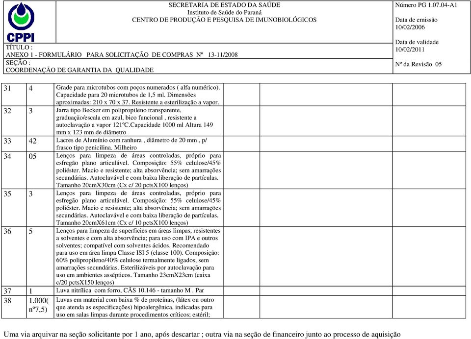 Capacidade 1000 ml Altura 149 mm x 123 mm de diâmetro 42 Lacres de Alumínio com ranhura, diâmetro de 20 mm, p/ frasco tipo penicilina.