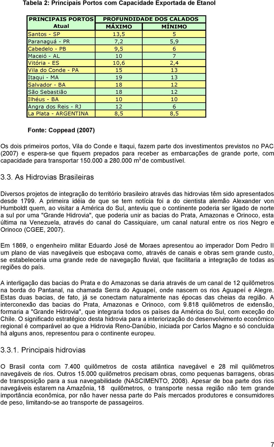 10 Angra dos Reis - RJ 12 6 La Plata - ARGENTINA 8,5 8,5 Fonte: Coppead (2007) Os dois primeiros portos, Vila do Conde e Itaqui, fazem parte dos investimentos previstos no PAC (2007) e espera-se que