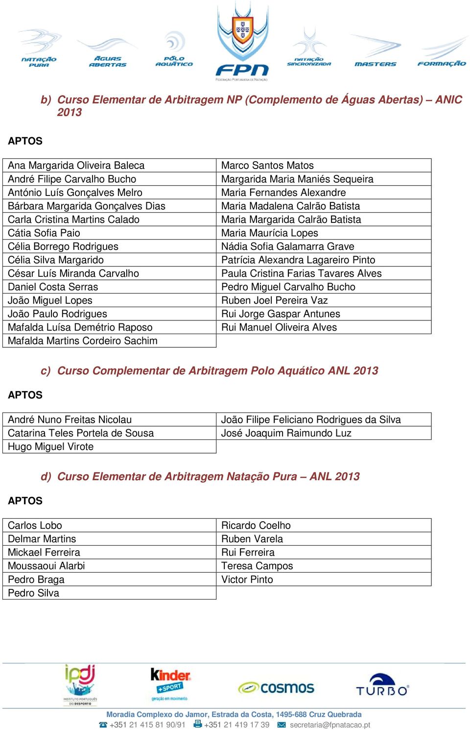 Demétrio Raposo Mafalda Martins Cordeiro Sachim Marco Santos Matos Margarida Maria Maniés Sequeira Maria Fernandes Alexandre Maria Madalena Calrão Batista Maria Margarida Calrão Batista Maria