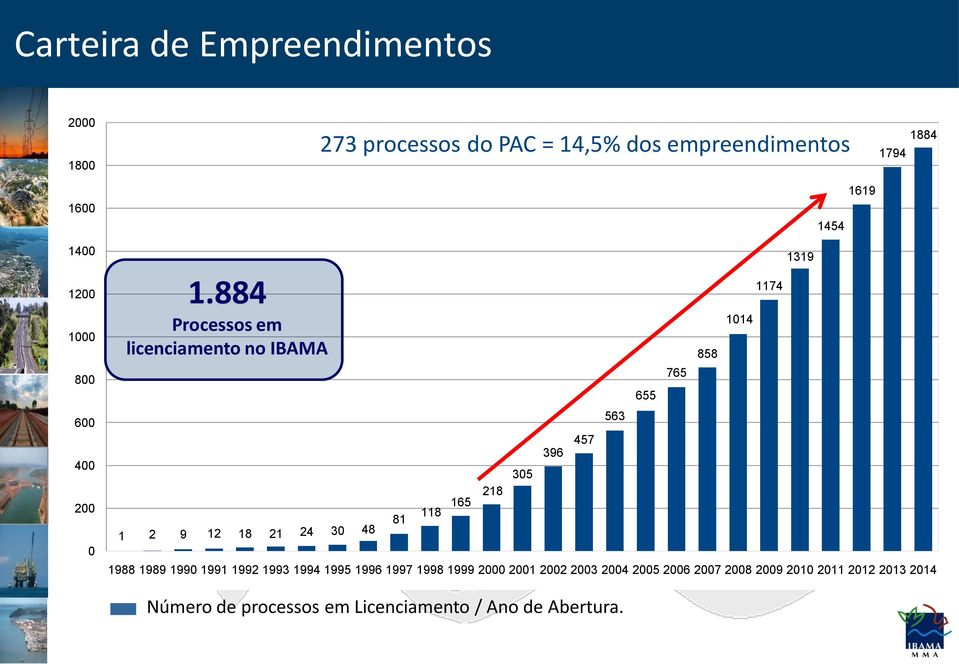 884 Processos em licenciamento no IBAMA 1 2 9 12 18 21 24 30 48 81 118 165 218 305 1988 1989 1990 1991 1992 1993 1994