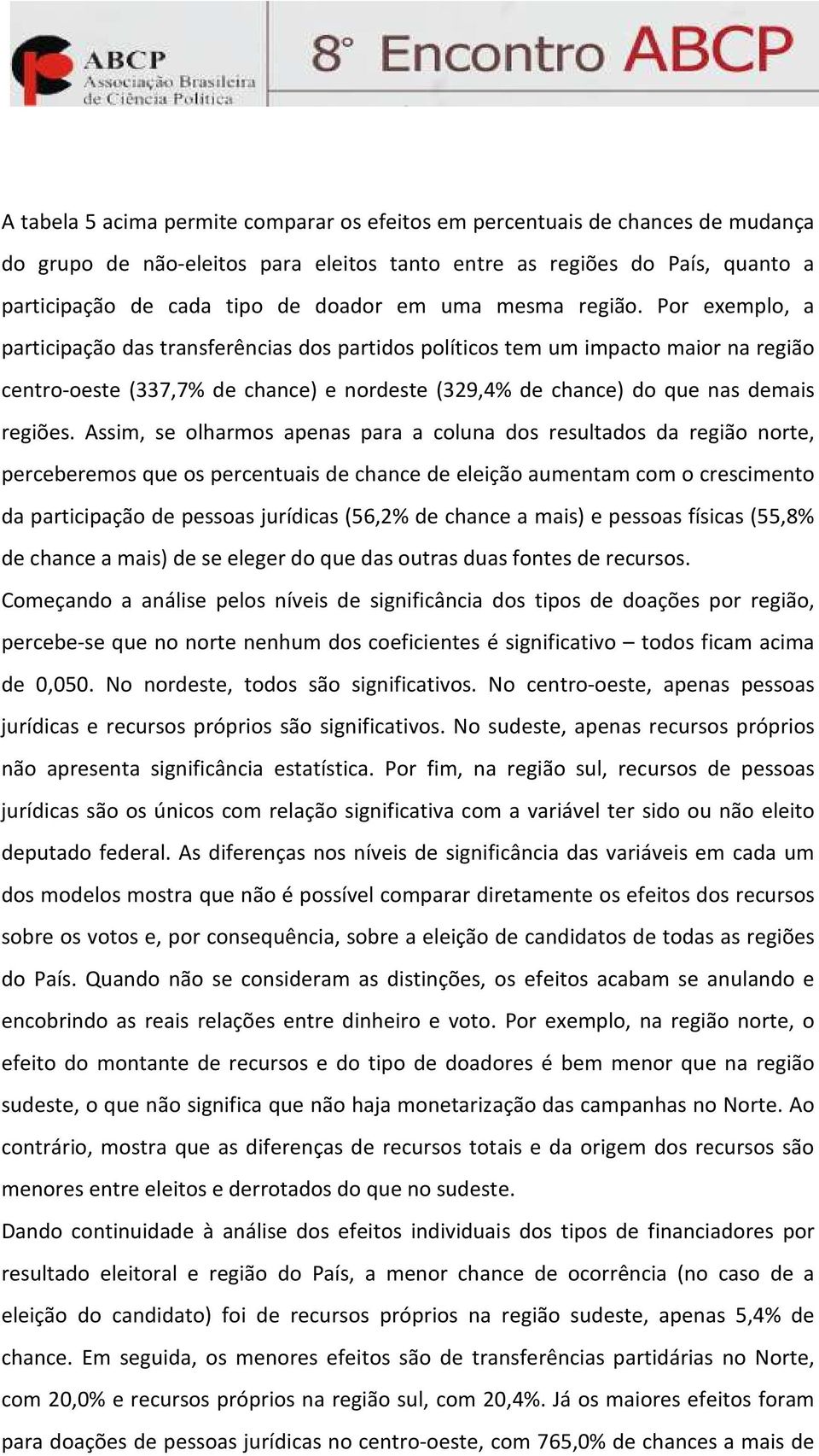 Por exemplo, a participação das transferências dos partidos políticos tem um impacto maior na região centro-oeste (337,7% de chance) e nordeste (329,4% de chance) do que nas demais regiões.