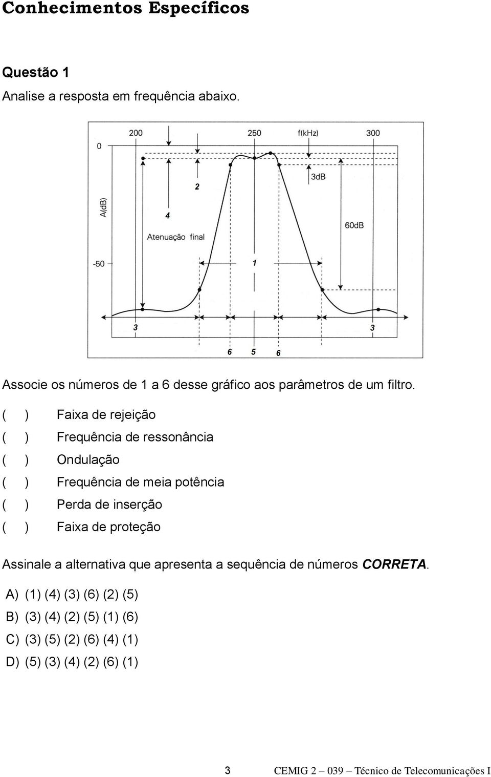 ( ) Faixa de rejeição ( ) Frequência de ressonância ( ) Ondulação ( ) Frequência de meia potência ( ) Perda de inserção ( )