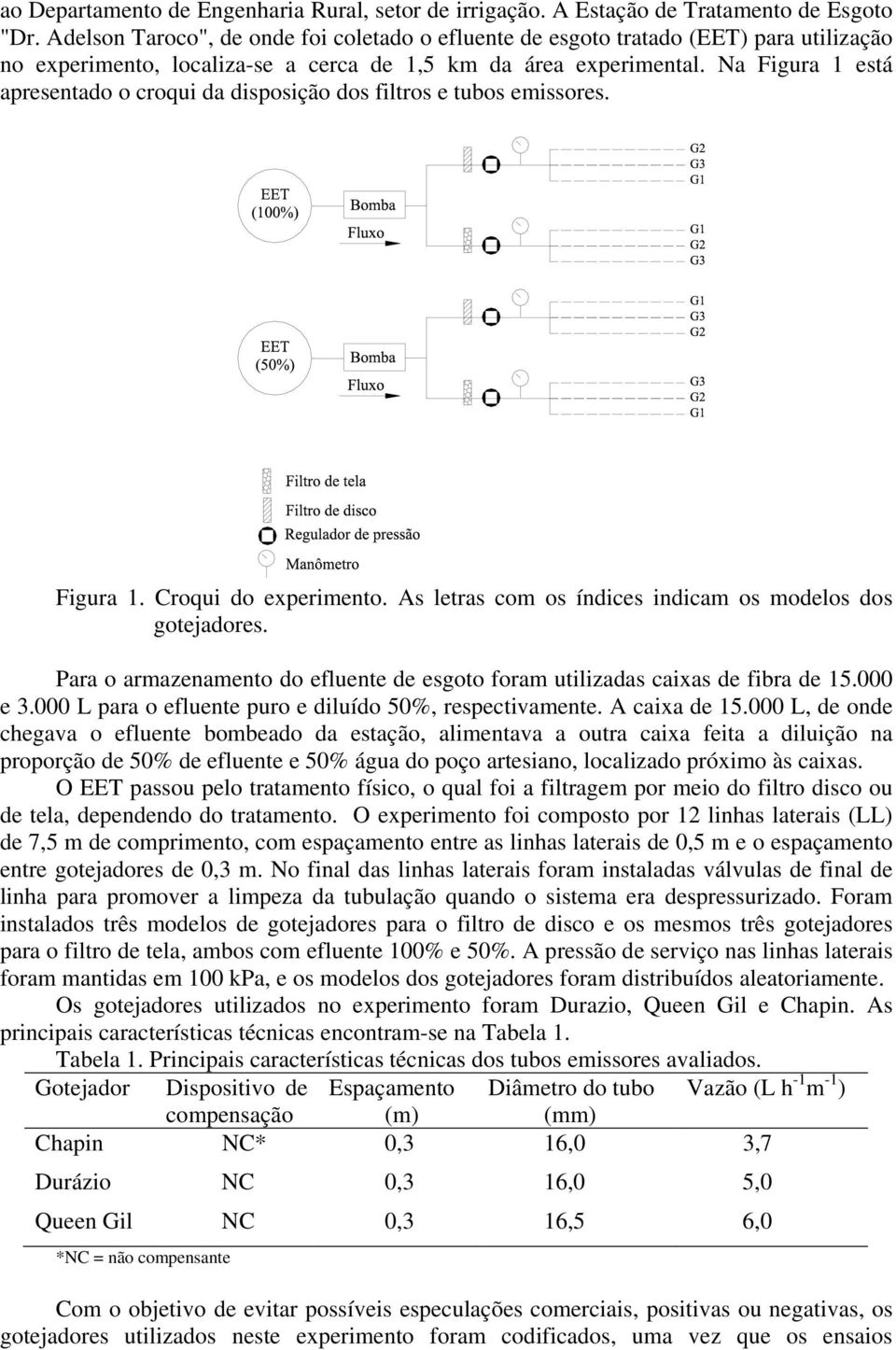 Na Figura 1 está apresentado o croqui da disposição dos filtros e tubos emissores. Figura 1. Croqui do experimento. As letras com os índices indicam os modelos dos gotejadores.