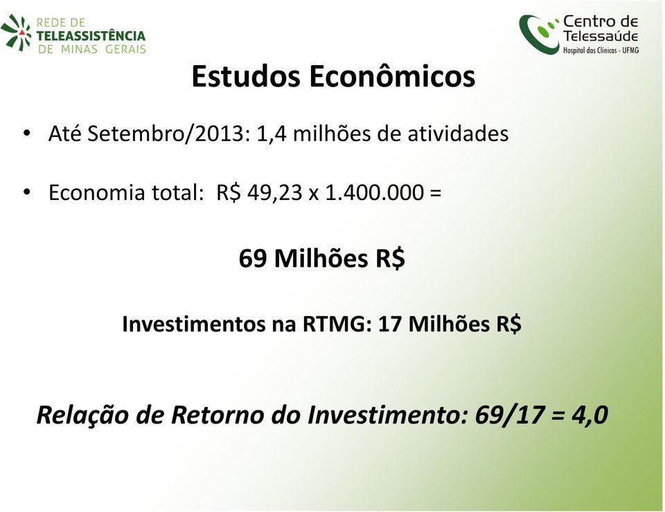 000 = 69 Milhões R$ Investimentos na RTMG: 17