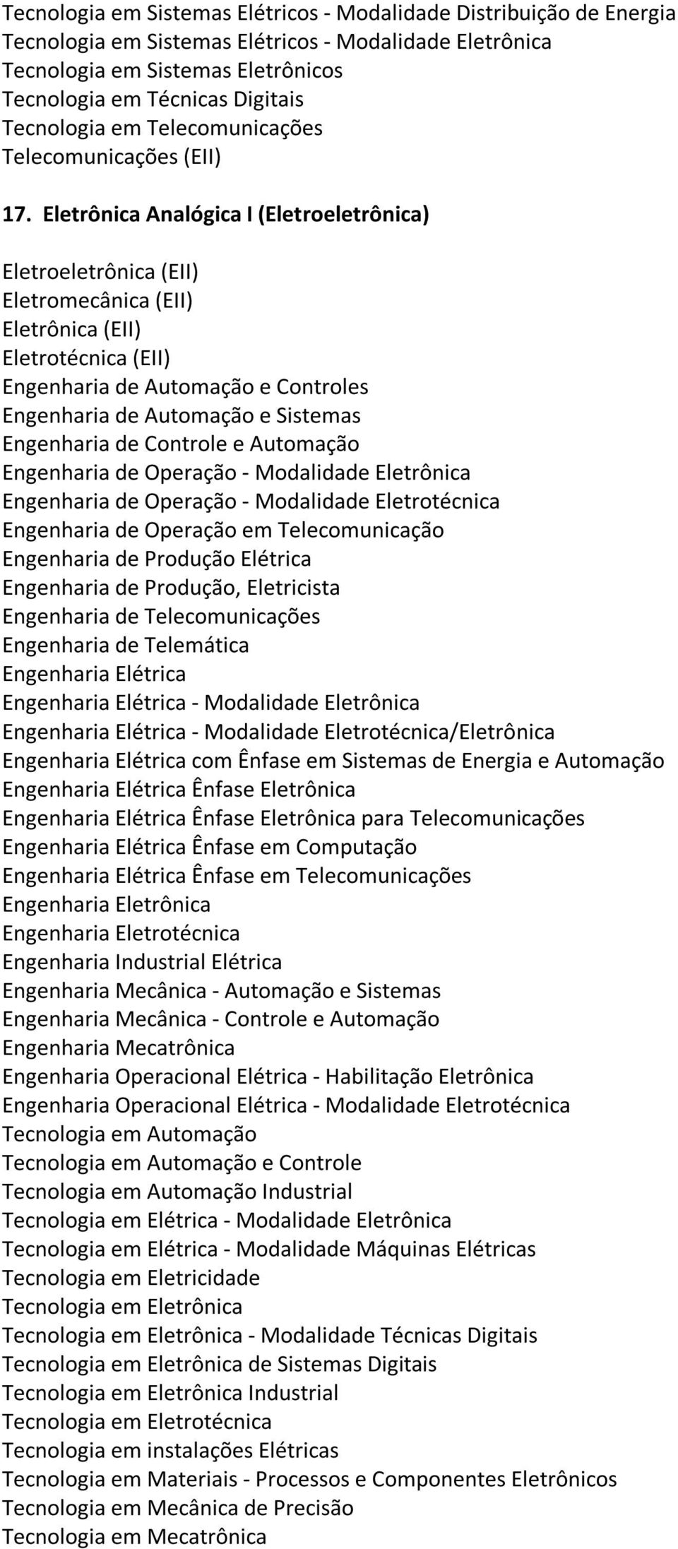 Eletrotécnica/Eletrônica com Ênfase em Sistemas de Energia e Automação para Telecomunicações Ênfase em