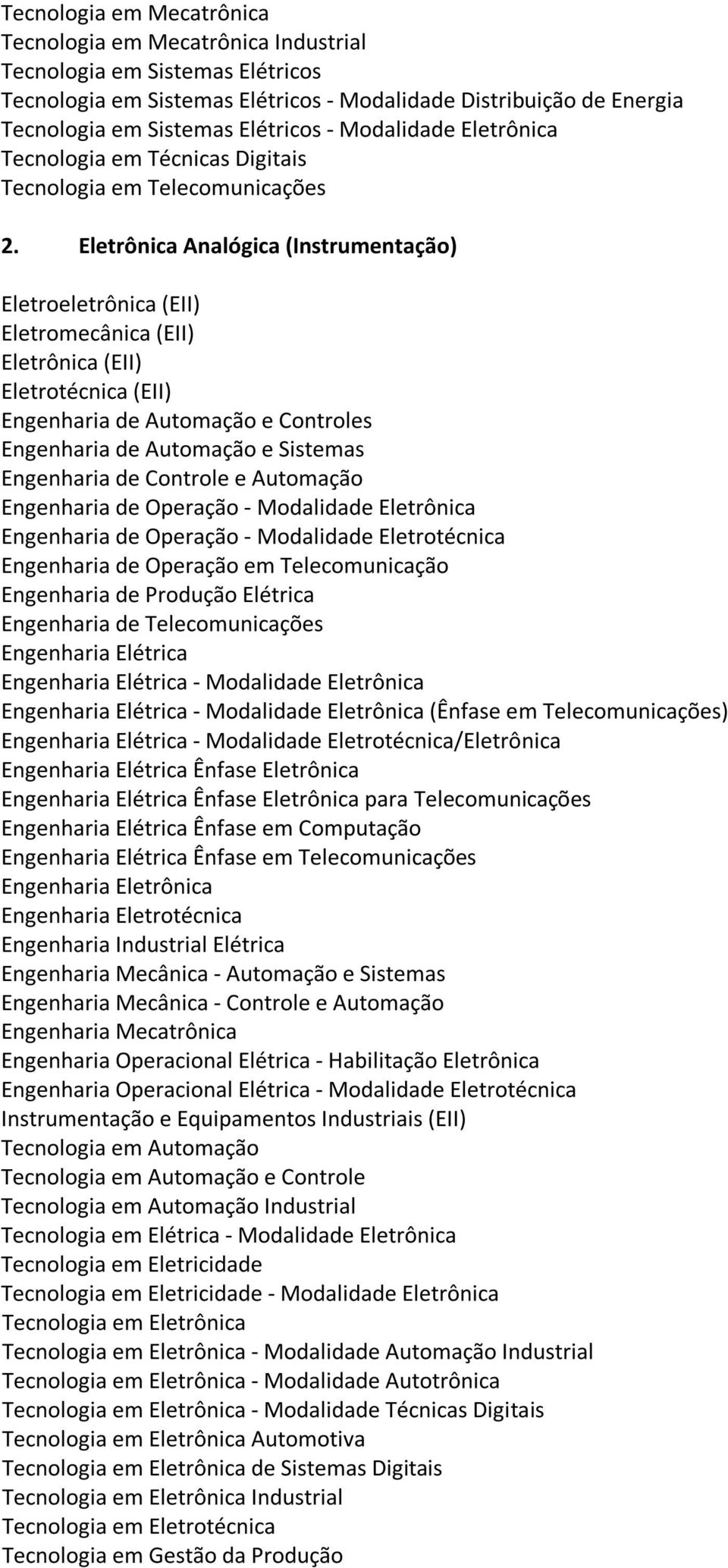 para Telecomunicações Ênfase em Computação Ênfase em Telecomunicações Instrumentação e Equipamentos