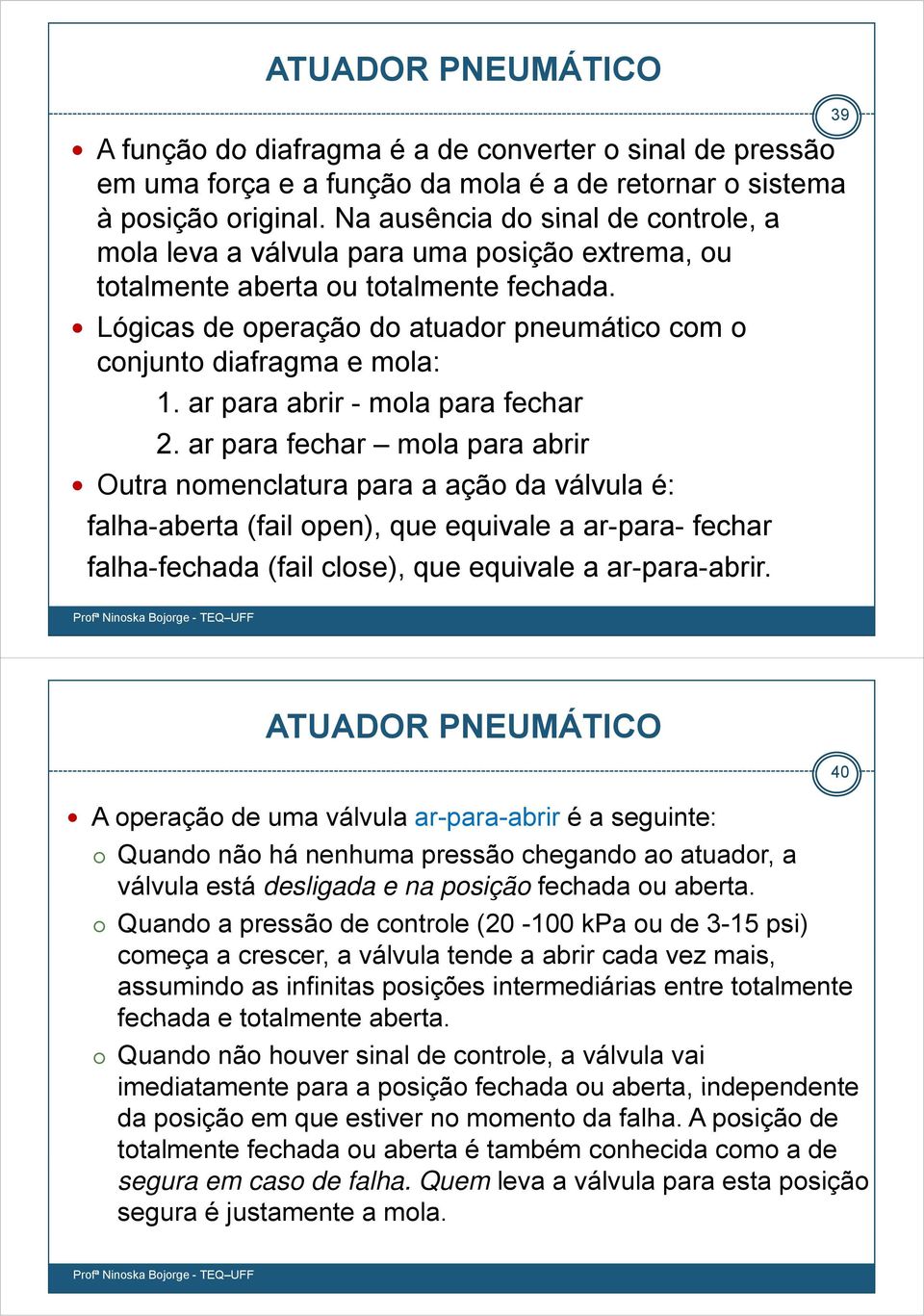 Lógicas de operação do atuador pneumático com o conjunto diafragma e mola: 1. ar para abrir - mola para fechar 2.