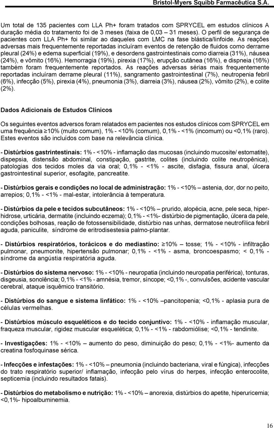 As reações adversas mais frequentemente reportadas incluíram eventos de retenção de fluidos como derrame pleural (24%) e edema superficial (19%), e desordens gastrointestinais como diarreia (31%),