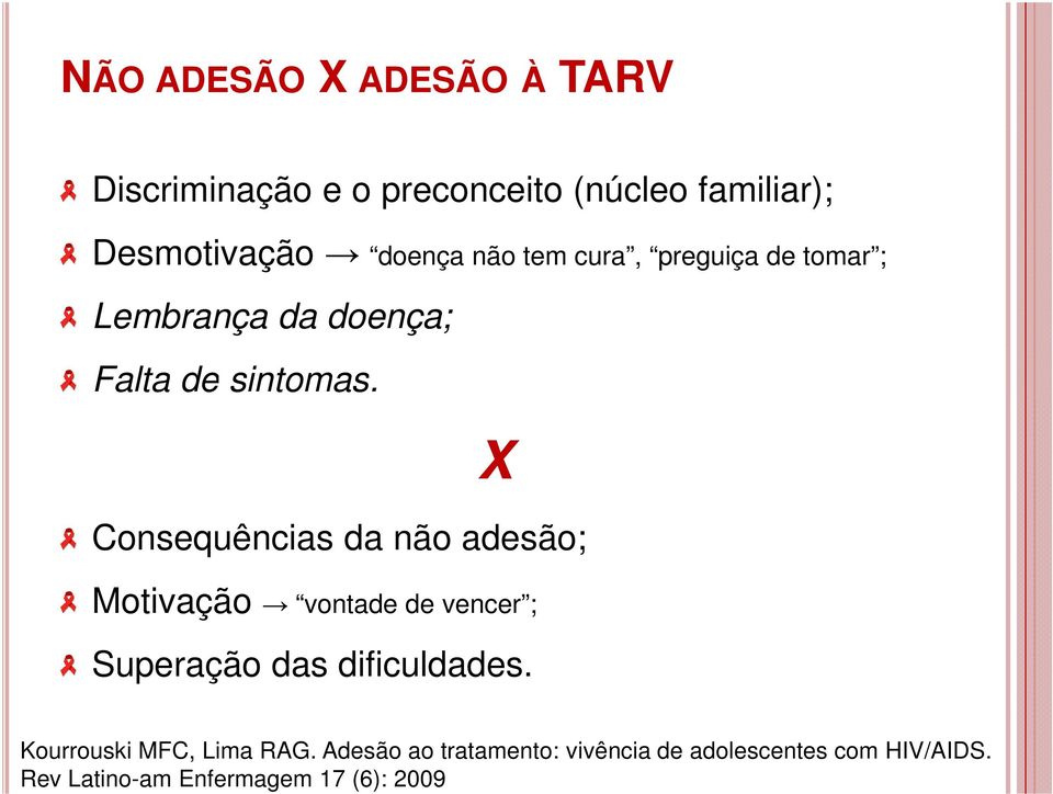 X Consequências da não adesão; Motivação vontade de vencer ; Superação das dificuldades.