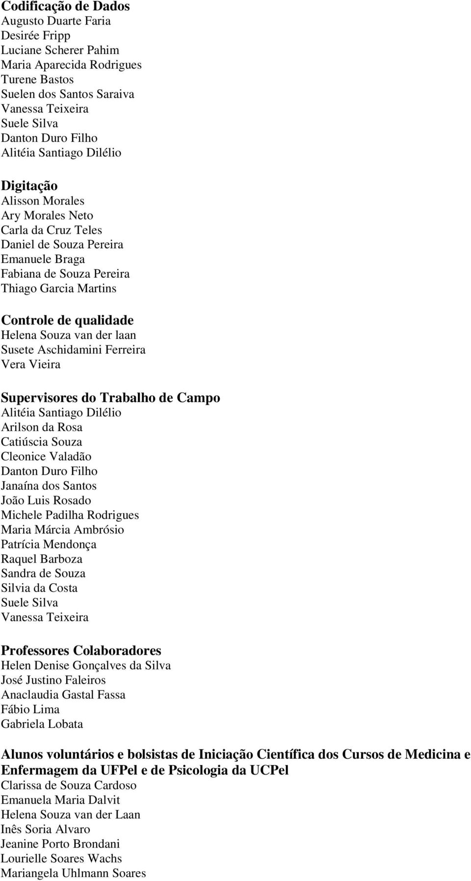 Souza van der laan Susete Aschidamini Ferreira Vera Vieira Supervisores do Trabalho de Campo Alitéia Santiago Dilélio Arilson da Rosa Catiúscia Souza Cleonice Valadão Danton Duro Filho Janaína dos